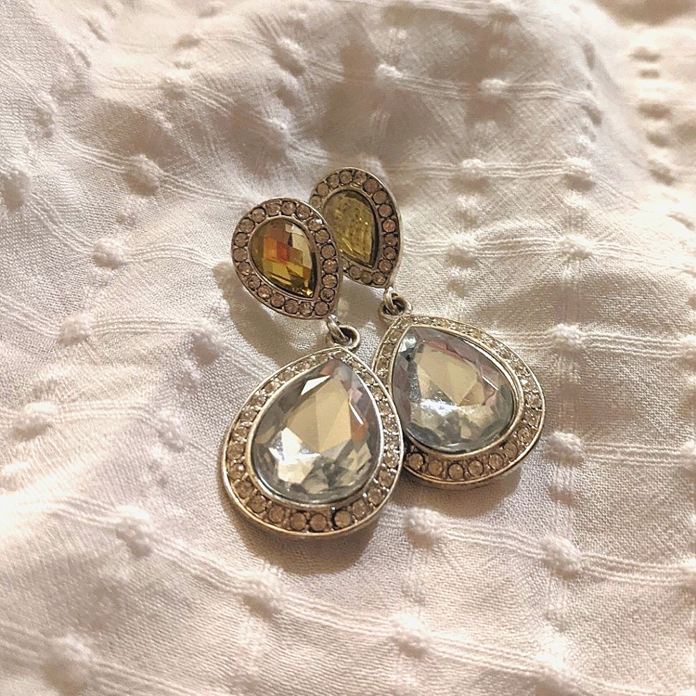 Rhinestone Topaz Teardrop Silver Vtg Drop Earrings